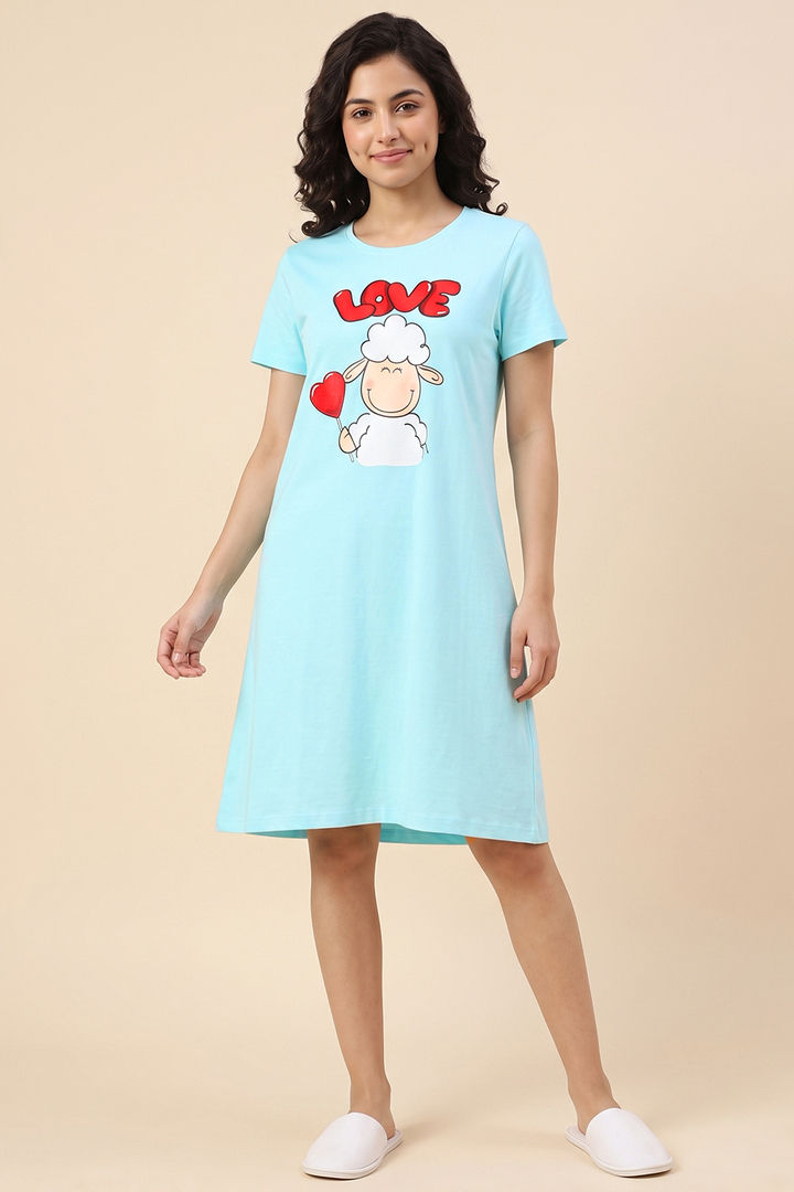 Zivame Farm Lore Knit Cotton Knee Length Nightdress - Tanger Turquoise — image 2
